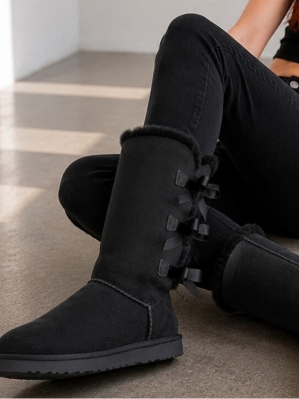 Uggs Bailey Bows Classic Women's Black Suede Faux-Fur Bow Boots